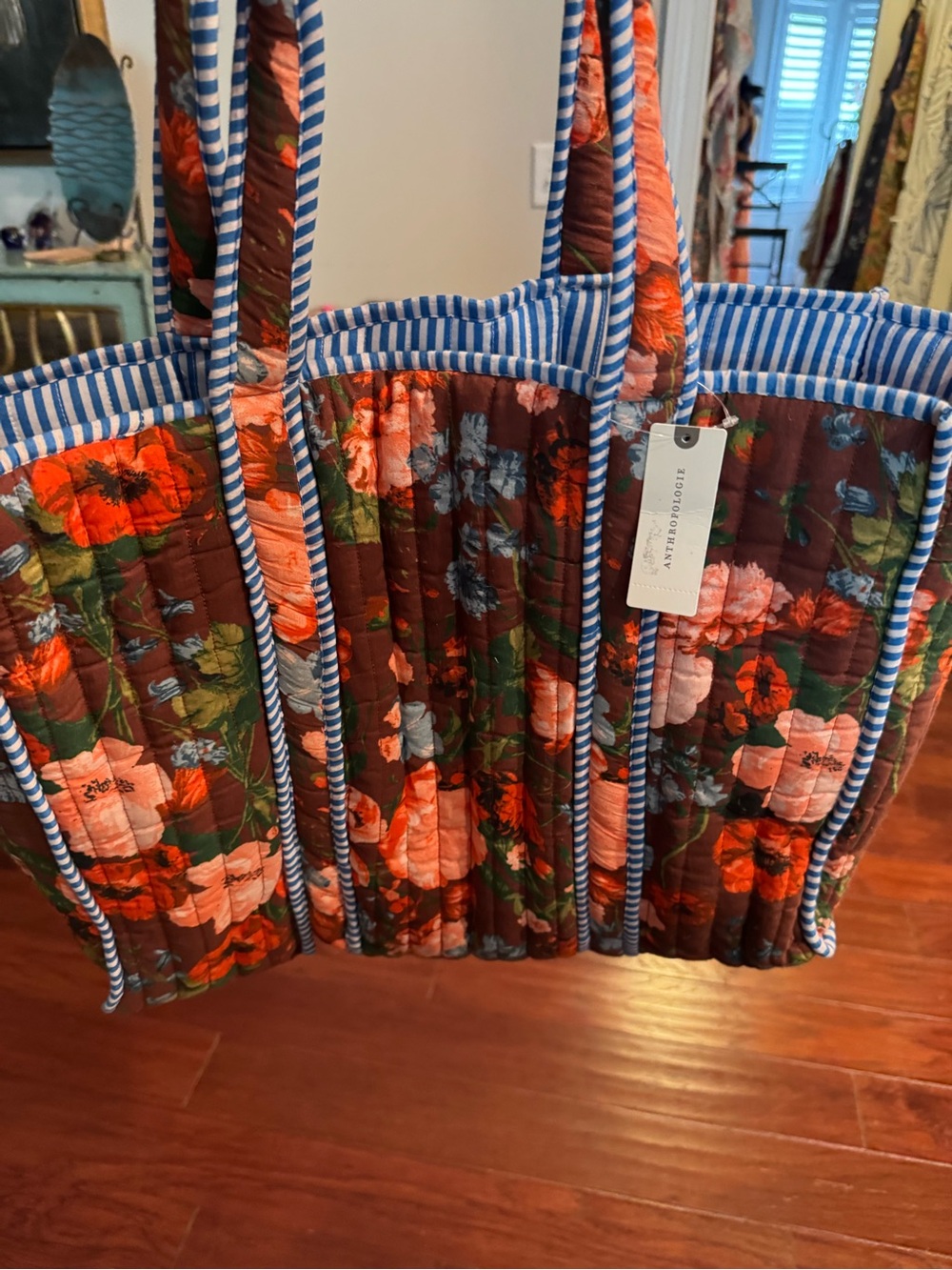 Anthropologie Quilted Floral Tote in Rust with Blue-White Trim